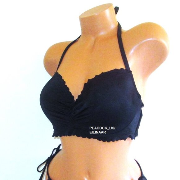 36DDD VICTORIAS SECRET SWIM Demi Ruffle Bikini Top Halter Black nwt - Picture 2 of 8